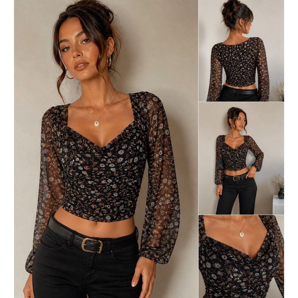 Nasty Gal Sheer Mesh Floral Ruched Crop Top Y2K Cowl Neck XS